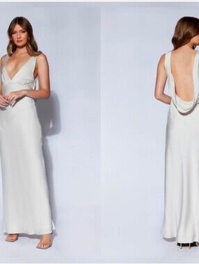 Meshki Nadia Cowl Back Satin Silver Wedding Bride Formal Maxi Dress Size XL